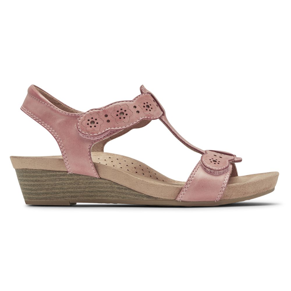 Rockport Women's Cobb Hill Hollywood T-Strap Wedges Sandals - Light Rose - USA (8604BQPUX)